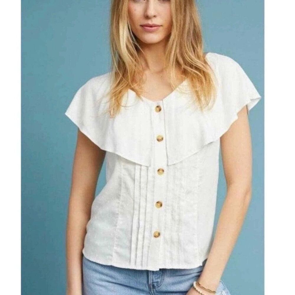 Anthropologie Maeve Size 2 -XS- Eloise Swiss Dot Blouse Button Front White